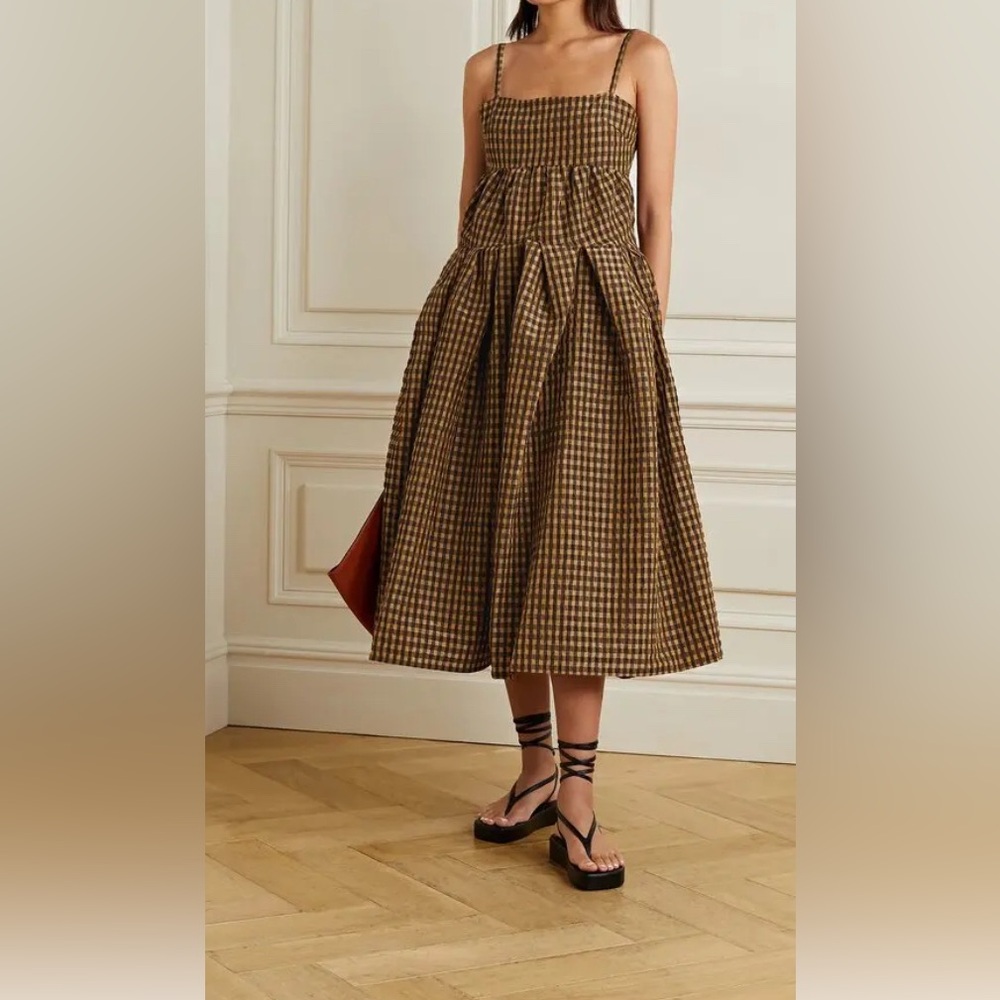 REJINA PYO 
Casey Tiered Checked Recycled Seersucker Midi Dress